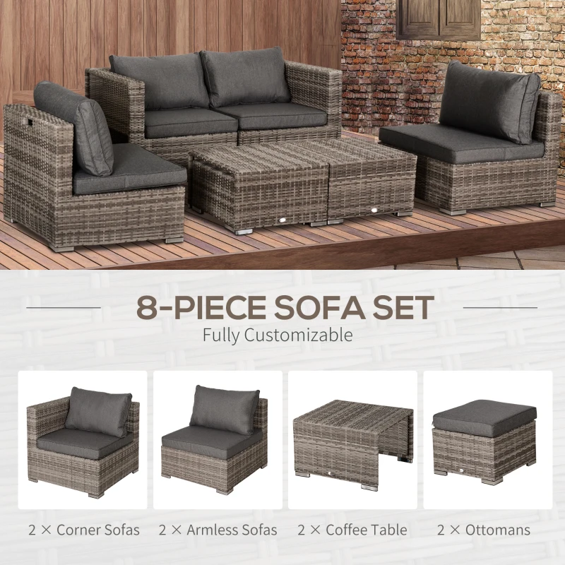 Outsunny 8 Pieces Patio Furniture Set, Outdoor Wicker Rattan Sofa Set Yard Conversation Seat Tea Table and Footstool Garden Patio Furniture w/ 2 Set Cushion Cover Grey & Orange