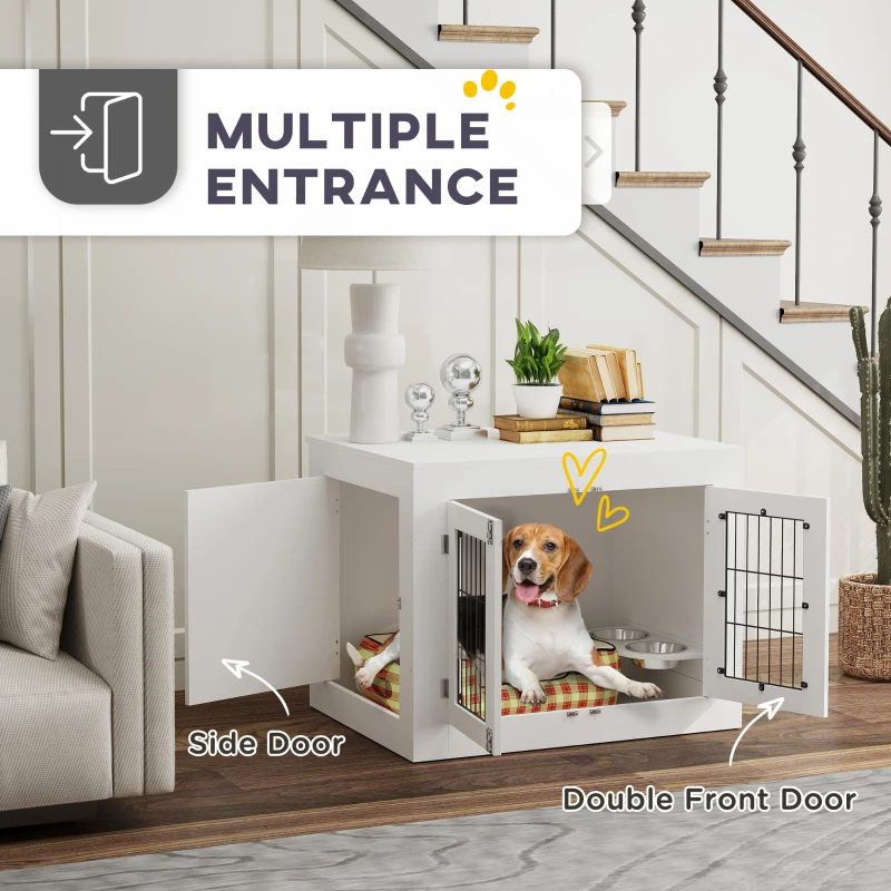 PawHut Dog Crate Furniture with 360° Rotatable Removable Dog Bowls, Dog Kennel Furniture for Medium Dogs, White