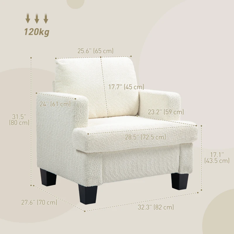 HOMCOM Modern Armchair, Upholstered Chenille Accent Chair with Wood Frame and Back Pillow for Living Room, Cream White