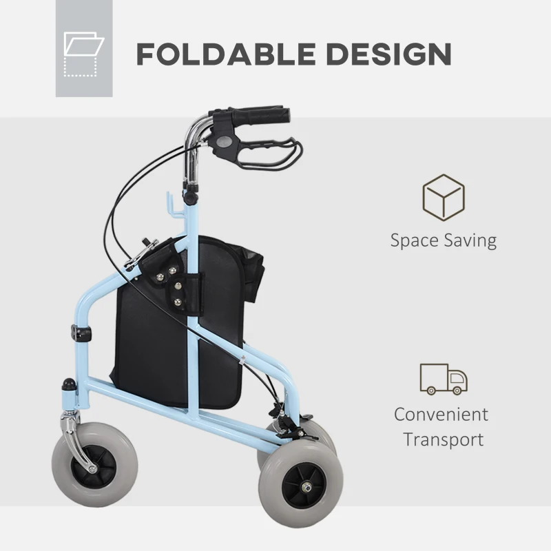 HOMCOM Upright Walker Up Rollator, Rolling Walker with Wheels, Storage Bag, Tray, Adjustable Handle Height, Blue