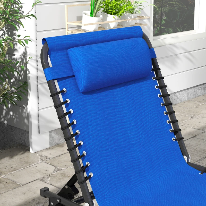 Outsunny 2 Folding Chaise Lounge Pool Chairs with 4-Position Reclining Back, Pillow, Breathable Mesh & Bungee Seat, Blue
