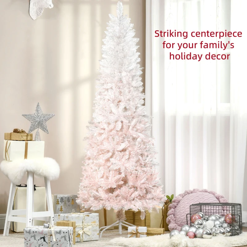 HOMCOM 6ft Pencil Artificial Christmas Tree with Pine Realistic Branches, Auto Open, Pink and White