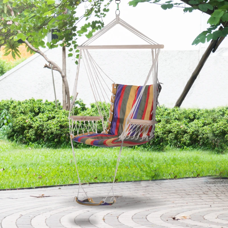 Outsunny Patio Hammock Chair, Portable Hanging Cotton Rope Hammock Swing Chair Sleeping Bed Seat with Footrest for Outdoor Garden Yard Camping Red