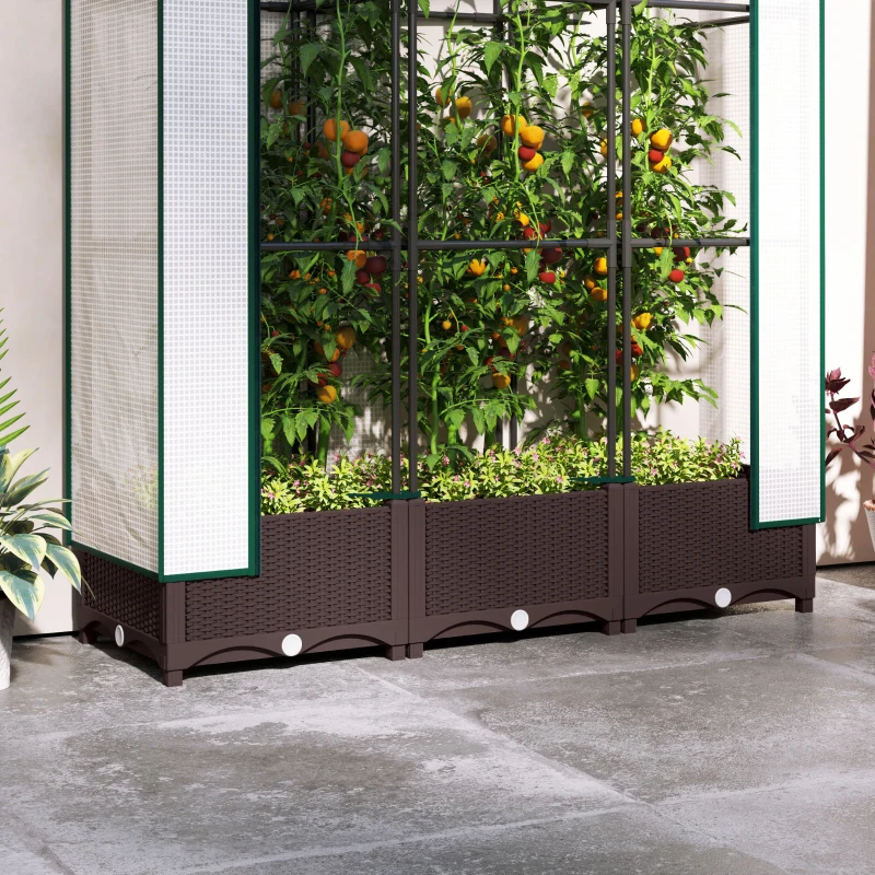 Outsunny Raised Garden Bed Kit with Trellis, Plastic Raised Flower Bed with PE Cover and Zipper Door, 47 x 16 x 50 inch