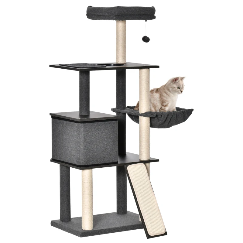 PawHut 58" Cat Tree Huge Kitty Activity Center Cat Climbing Toy Rest Pet Furniture with Sisal Scratching Post Pad Condo Bed Perch Ladder Hanging Ball Dark Grey