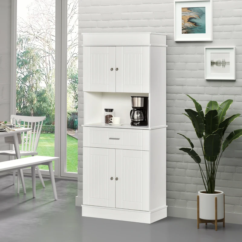 HOMCOM 72" Kitchen Buffet with Hutch, Freestanding Pantry Cabinet with Utility Drawer, 2 Door Cabinets, Adjustable Shelves and Countertop, White Wood Grain