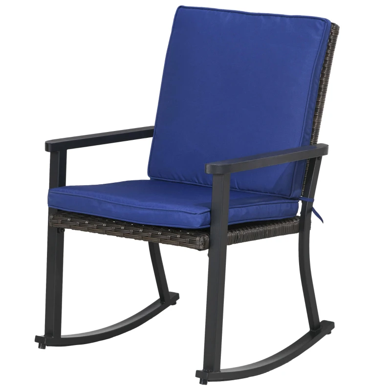 Outsunny Patio Wicker Rocking Chair, Outdoor PE Rattan Rocking Chair with High Back, Armrest, Seat Cushion, Blue