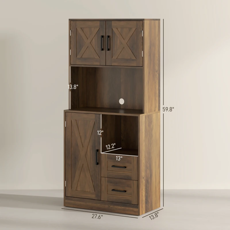 HOMCOM 60" Kitchen Pantry Storage Cabinet, Farmhouse Kitchen Hutch with Microwave Oven Countertop, Adjustable Shelves, Brown