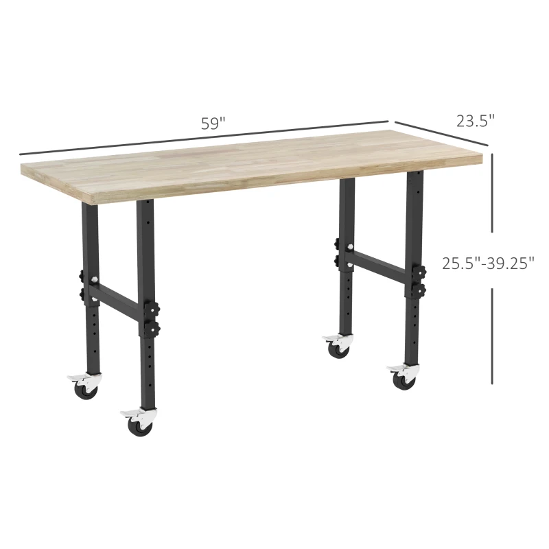 HOMCOM 59" Work Bench with Height Adjustable Legs, Bamboo Tabletop Workstation Tool Table on Wheels for Garage, Weight Capacity 1320 Lbs, Black/Natural