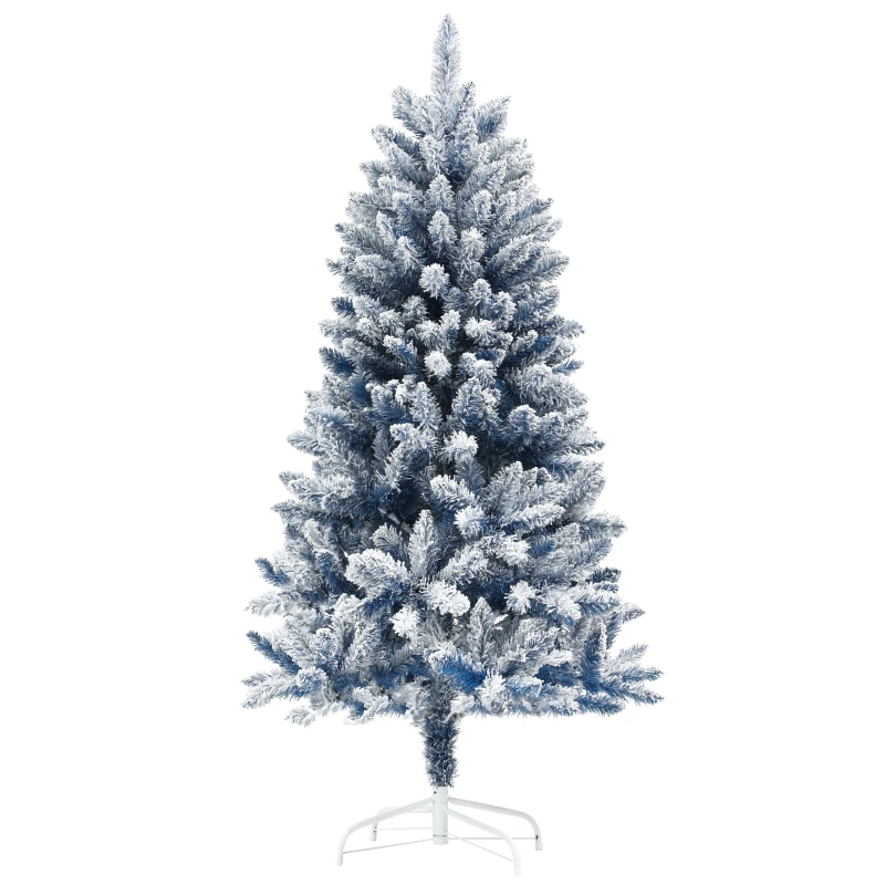 HOMCOM 5ft Flocked Blue Christmas Tree, Artificial Christmas Tree with Hinged Design, Faux Snow, for Home Office Holiday Xmas