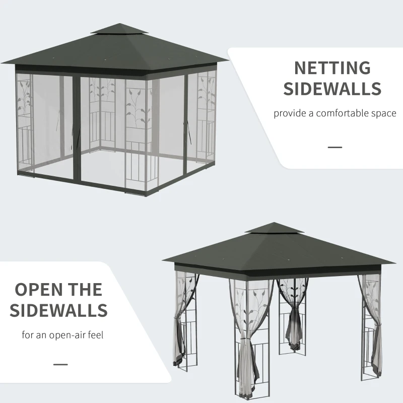 Outsunny 10'x10' Soft-top Steel Patio Gazebo Outdoor Sun Shelter with 2-Tier Polyester Roof, Curtain Sidewalls, Grey