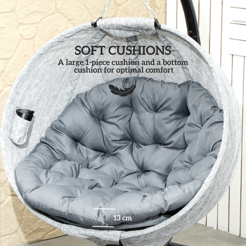 Outsunny Egg Chair with Folding Basket, Outdoor Indoor Hanging Swing Chair with Stand, Cushions for Patio, Balcony, Grey