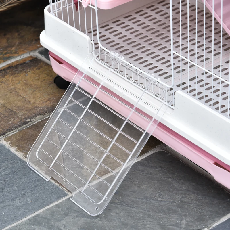 PawHut 32"L 4-Level Small Animal Cage with Universal Lockable Wheels, Slide-out Tray for Bunny, Chinchillas, Ferret, Pink