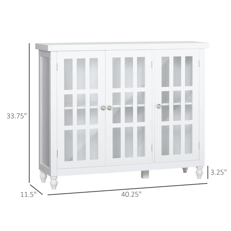 HOMCOM Sideboard, Buffet Cabinet with 3 Tempered Glass Doors, Stripe Pattern and Adjustable Storage Shelf, Credenza, White