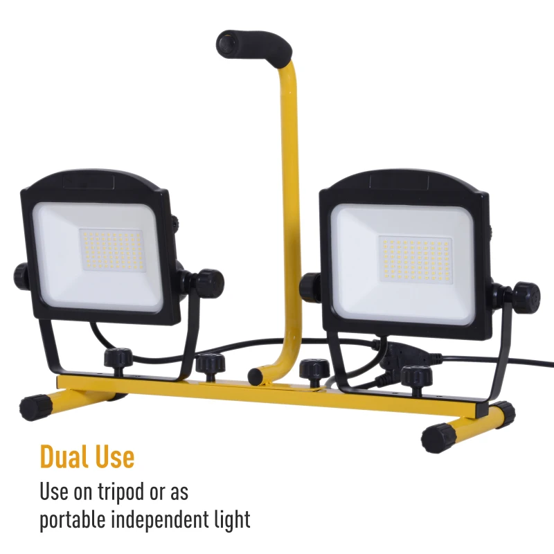 HOMCOM 10,000 Lumen Dual Head LED Work Lights with Stand, Weather Resistant Daylight with Telescoping Adjustable Tripod Stand, Rotating Lamps