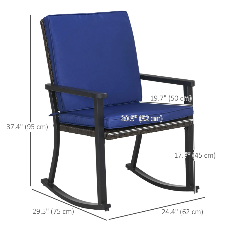 Outsunny Patio Wicker Rocking Chair, Outdoor PE Rattan Rocking Chair with High Back, Armrest, Seat Cushion, Blue