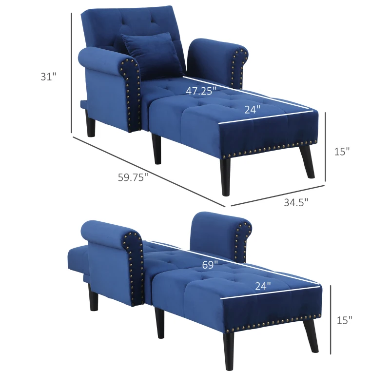 HOMCOM 2-In-1 Chaise Lounge Indoor with Rolled Armrest, Nailhead Trim and Button Tufting, Adjustable Velvet Fabric Upholstered Sofa for Bedroom and Living Room, Blue