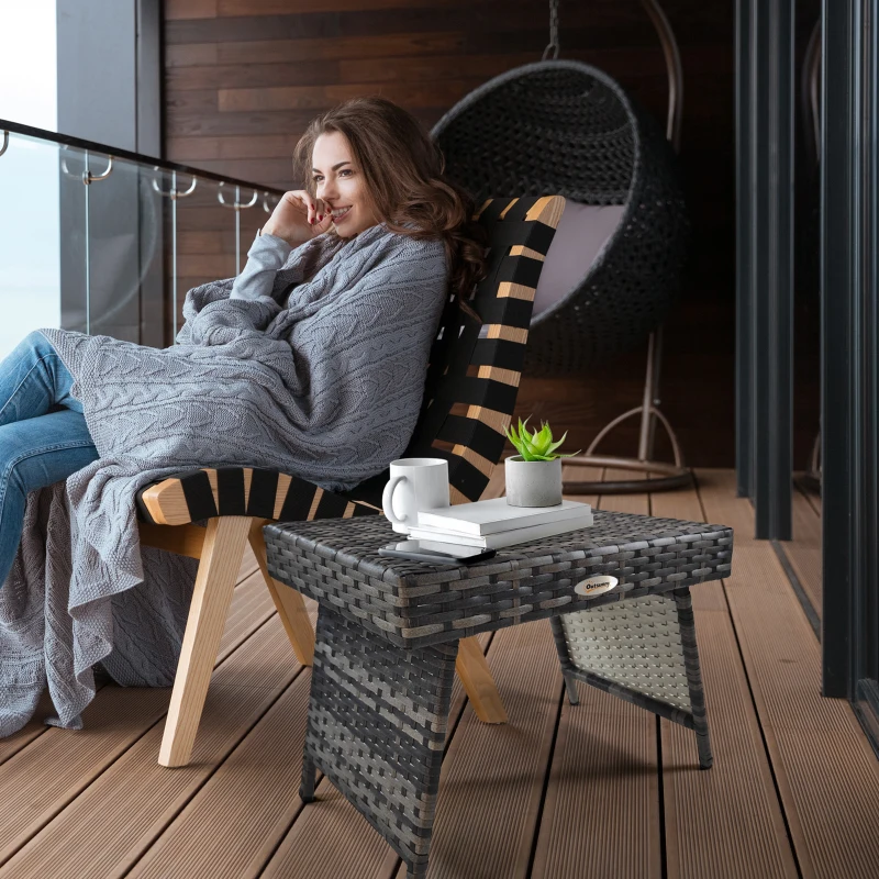 Outsunny Outdoor Rattan Foldable End Table, Metal Frame Patio Wicker Table, Coffee Table Side Table for Poolside, Lawn, Garden, Mixed Grey