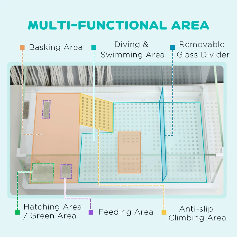 PawHut Glass Turtle Tank, Turtle Aquarium with Basking Platform and Filter Layer Design, Full View Visually Reptile Habitat, Easy to Clean and Change Water, Multi Functional Area
