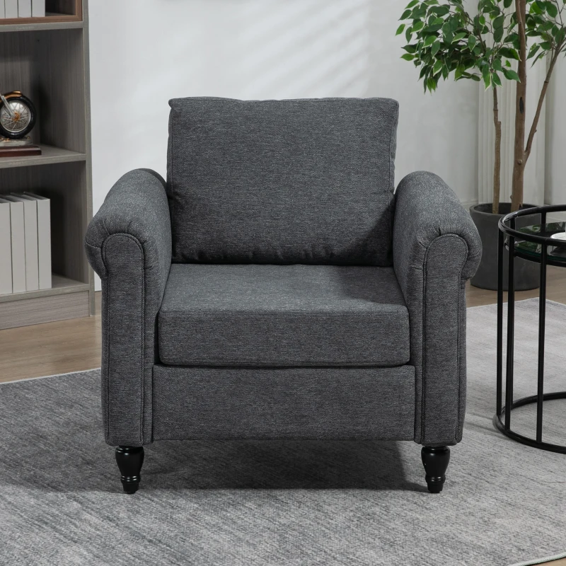 HOMCOM Vintage Armchair, Upholstered Accent Chair with Rolled Arms, Gourd-Shaped Rubber Wood Legs, Dark Grey