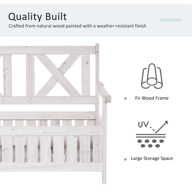 Outsunny Wooden Outdoor Storage Bench 2-Person Patio Bench with Louvered Side Panels and X-Shape Back for Garden, Patio, White