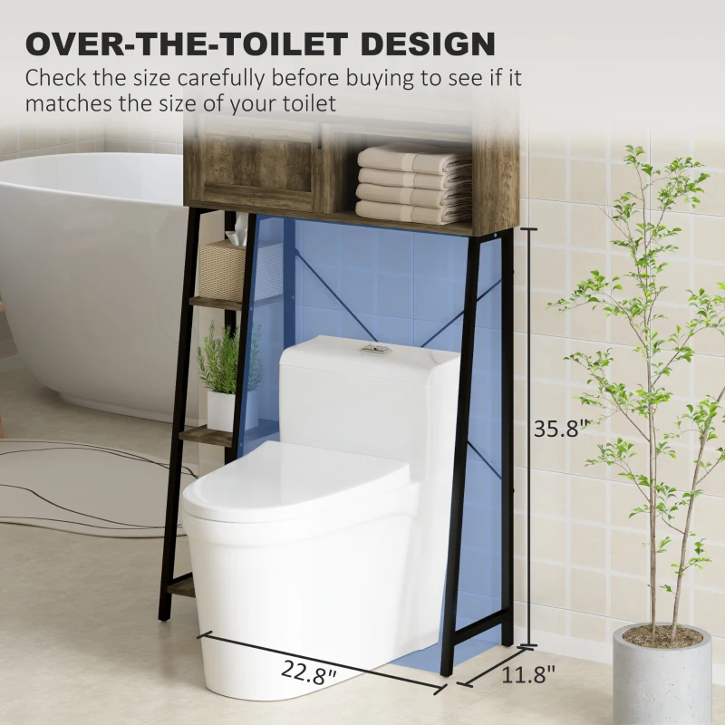 HOMCOM Over the Toilet Storage Cabinet, Over Toilet Bathroom Organizer with 3 Compartments, 4 Open Shelves, Distressed Brown