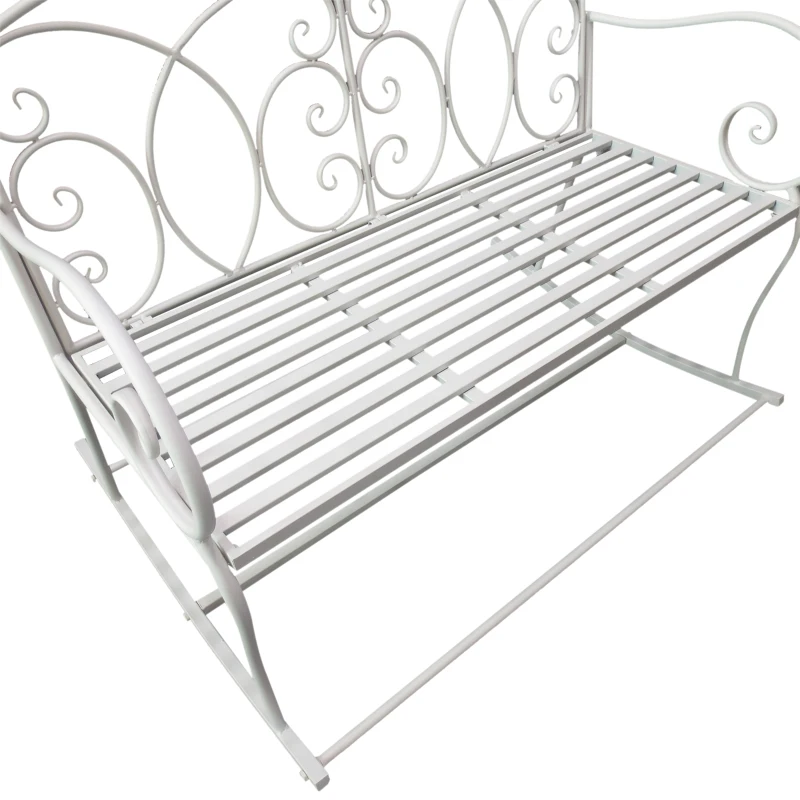 Outsunny Patio 2 Seater Rocking Bench Steel Garden Outdoor Garden Loveseat w/ Elegant Patern for Garden, Balcony, Porch, White