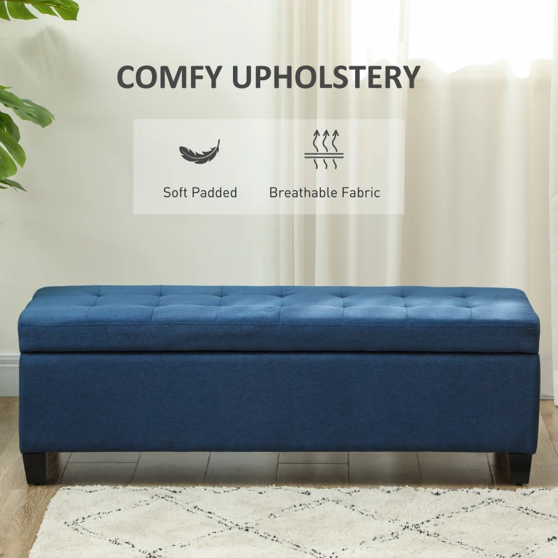 HOMCOM Rectangular Entry Bench, Tufted Upholstered Linen Fabric Wood Feet Storage Ottoman Bench, Blue