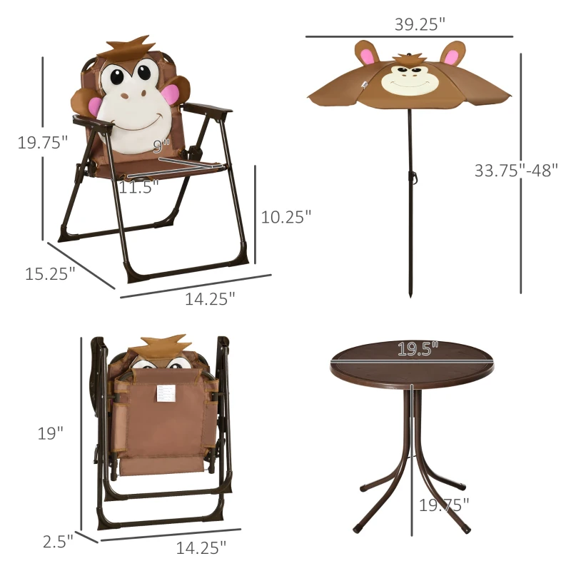 Outsunny Kids Table and Chair Set, Outdoor Folding Garden Furniture, Picnic Table for Patio Backyard, with Removable & Height Adjustable Sun Umbrella, Aged 3-6 Years Old, Brown