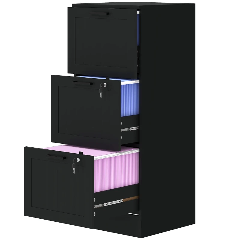 HOMCOM 3 Drawer Filing Cabinet with Lock, Office Storage Cabinet with Adjustable Hanging Bars for A4 Letter Size Files, Black