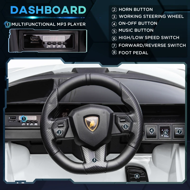 Aosom 12V Lamborghini SIAN Licensed Electric Car for kids with Remote Control, Horn, Music, & Headlights, White