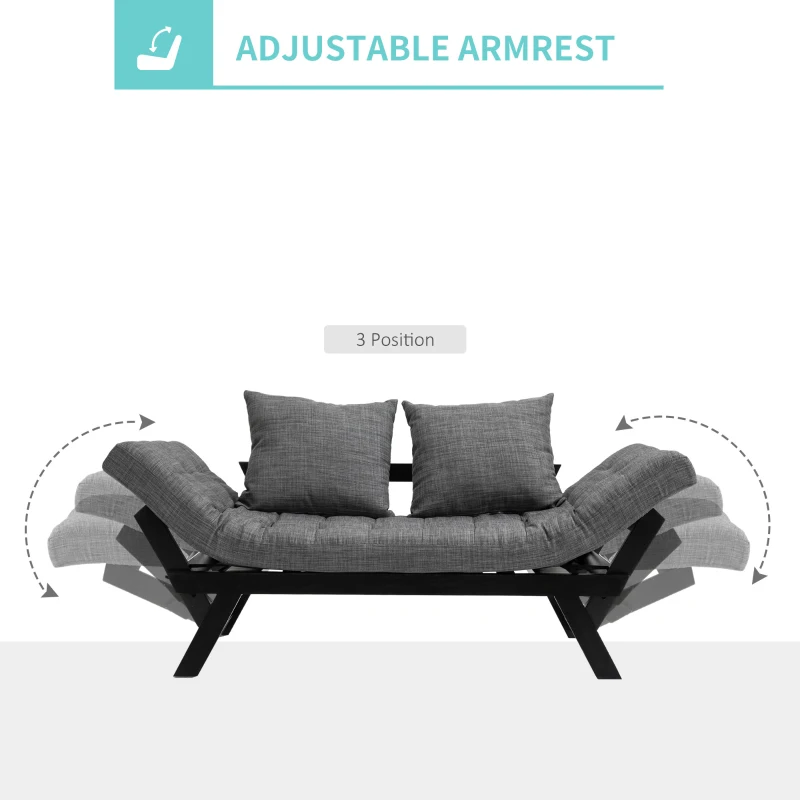 HOMCOM Single Person 3 Position Convertible Chaise Lounger Sofa Bed with 2 Large Pillows and Oak Frame, Dark Gray