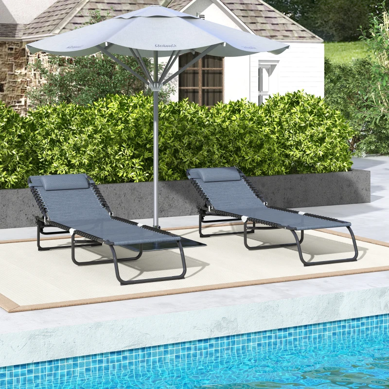 Outsunny 2 PCs Folding Lounge Chairs, Adjustable Chaise Lounges with Headrest, Reclining Lounger Cot for Camping, Hiking, Grey