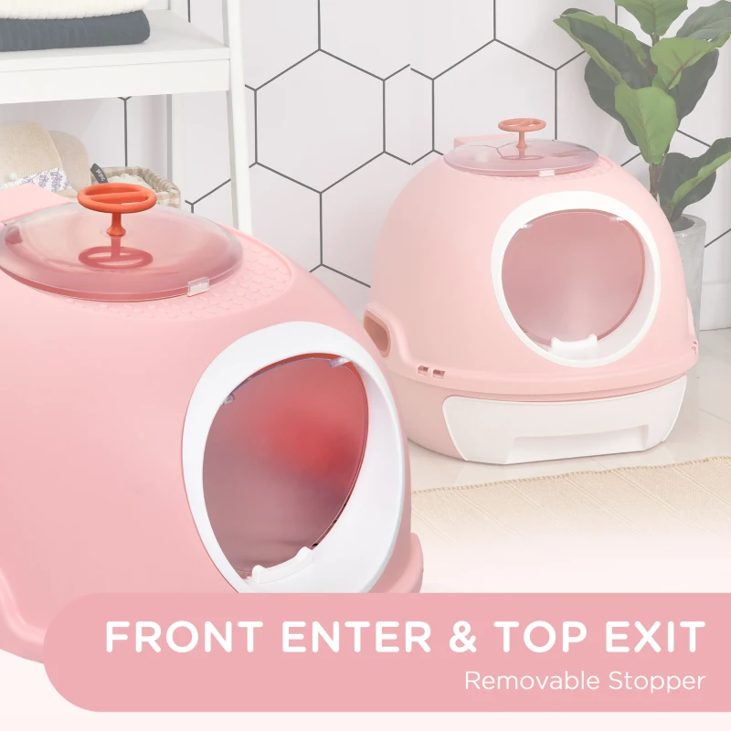 PawHut Cat Litter Box Toilet with Lid, Covered Litter Box with Scoop, Enclosed Drawer, and Skylight, Pink