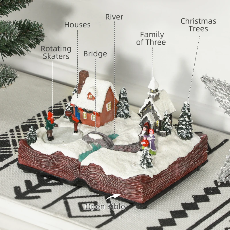 HOMCOM Christmas Village Houses with LED Lights, Music, Christmas Village Decoration with Rotating Ice Skaters, Battery Operated