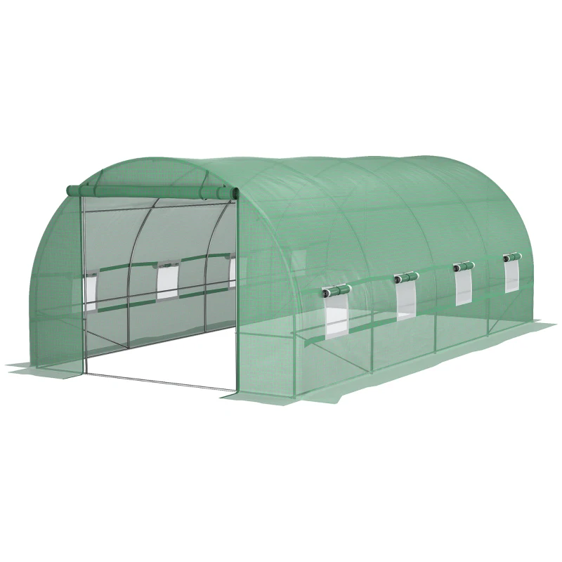Outsunny Steel Frame Walk-In Tunnel Greenhouse Garden Warm House Large Hot House Kit with Windows & Door, 19' x 10' x 7', Green