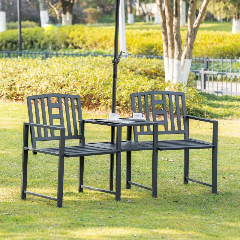 Outsunny Metal Garden Bench with Middle Table and Umbrella Hole, 2-in-1 Double Patio Chairs, Outdoor 2-person Tete-a-Tete, Slatted, Black(m-2)