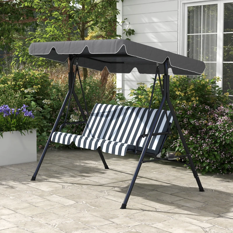 Outsunny 3-Seat Outdoor Patio Swing Chair w/ Cushion, Steel Frame Stand, Adjustable Tilt Canopy for Patio, Garden, Gray & White