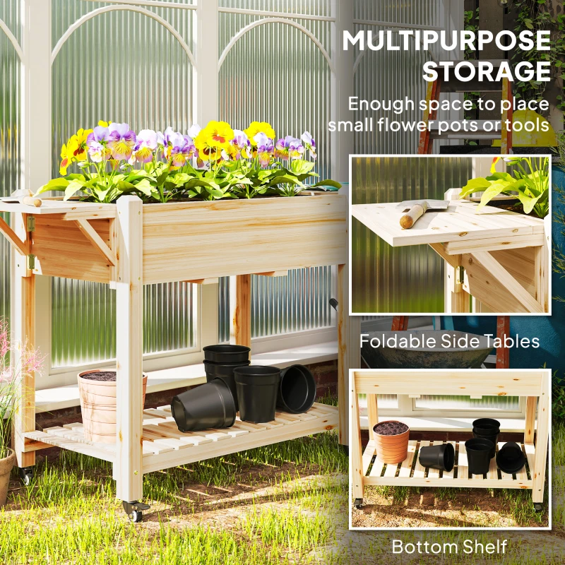 Outsunny Wood Raised Planter Box, Elevated Garden Bed with Lockable Wheels, Side Tables, Bottom Shelf, Drain Holes, Natural