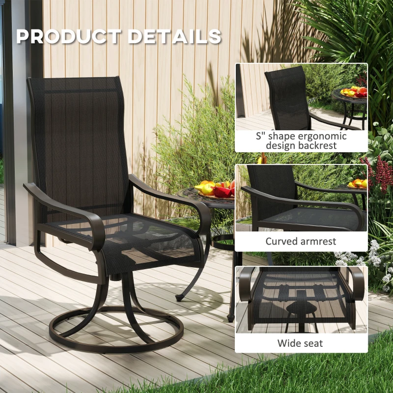 Outsunny 2-Piece Swivel Patio Dining Chairs, 360° Swivel Rocking Outdoor Chairs with Curved Armrests, Breathable Mesh Seat & S Shape Backrest for Yard, Lawn, Porch, Black