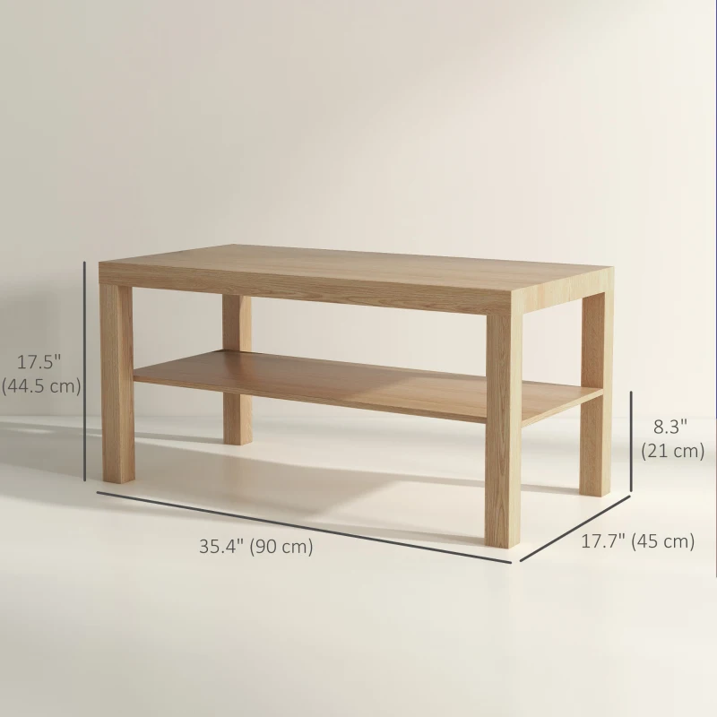 HOMCOM 2 Tier Coffee Table with Storage Shelf, Rectangular Center Table for Living Room, Home Office Furniture Nature Wood