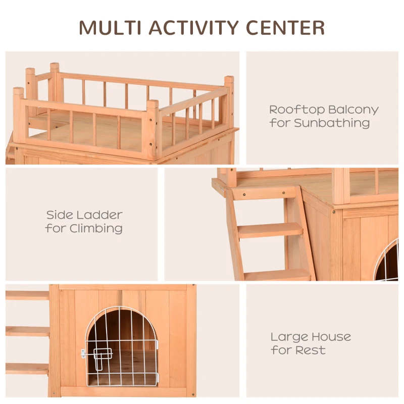 PawHut 2-Story Pet House for Cats Miniature Sized Dogs, Wooden Kitten Shelter with Enclosure, Balcony, Lockable Gate, Stairs, Natural