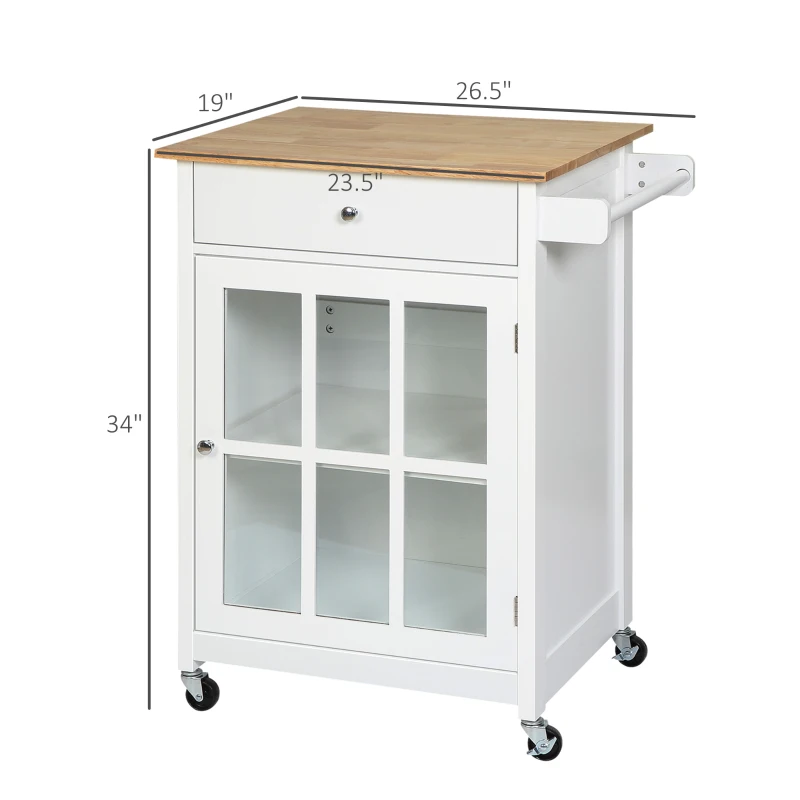 HOMCOM 27" Rolling Kitchen Island Cart with Drawer and Glass Door Cabinet, Kitchen Trolley with Adjustable Shelf and Towel Rack, White