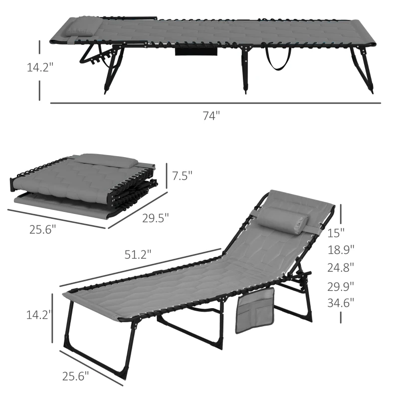 Outsunny Folding Chaise Lounge Set with Reclining Back, 25.6" x 74" x 14.2", Gray