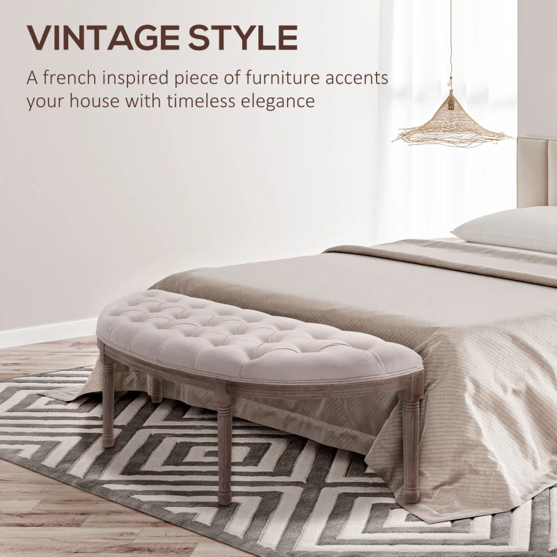 HOMCOM Semi-Circle End of Bed Bench with Tufted Design, Upholstered Bedroom Entryway Bench with Rubberwood Legs, Off White