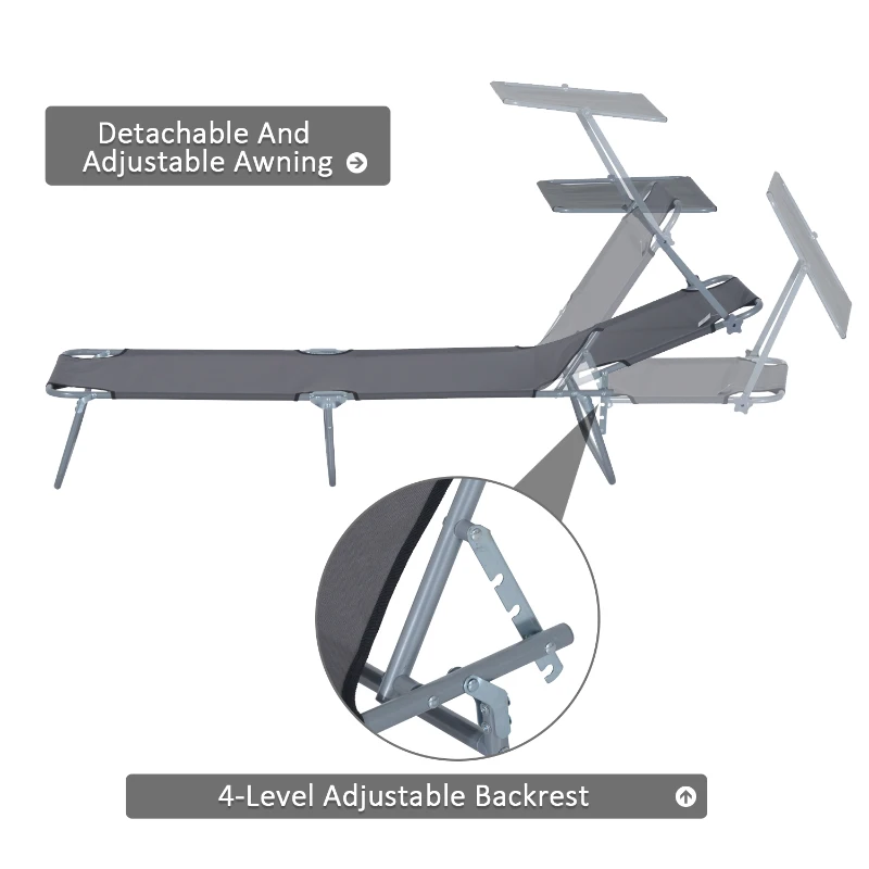 Outsunny Outdoor Pool Chaise Lounge Chair, Folding Tanning Chair with Sun Shade, Gray