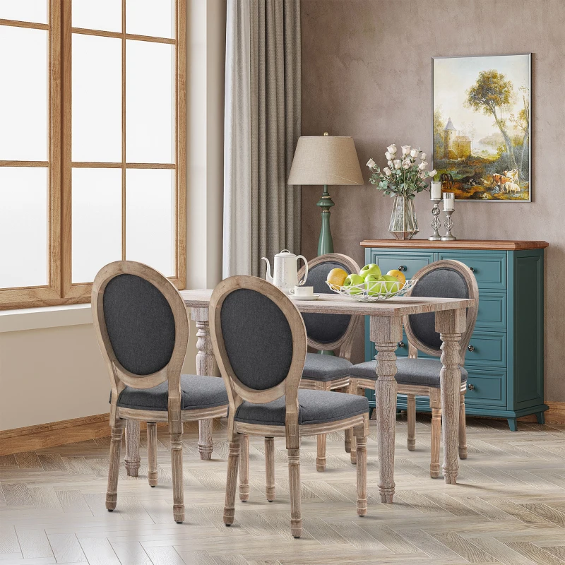 HOMCOM Vintage Armless Dining Chairs Set of 4, French Chic Side Chairs with Curved Backrest and Linen Upholstery for Kitchen, or Living Room, Grey