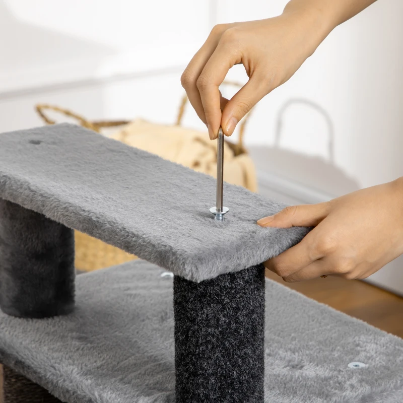 PawHut Cat Stairs Pet Steps for Couch Bed with Scratching Posts Condo Ball Toy, 23.6" x 15.7" x 26", Grey