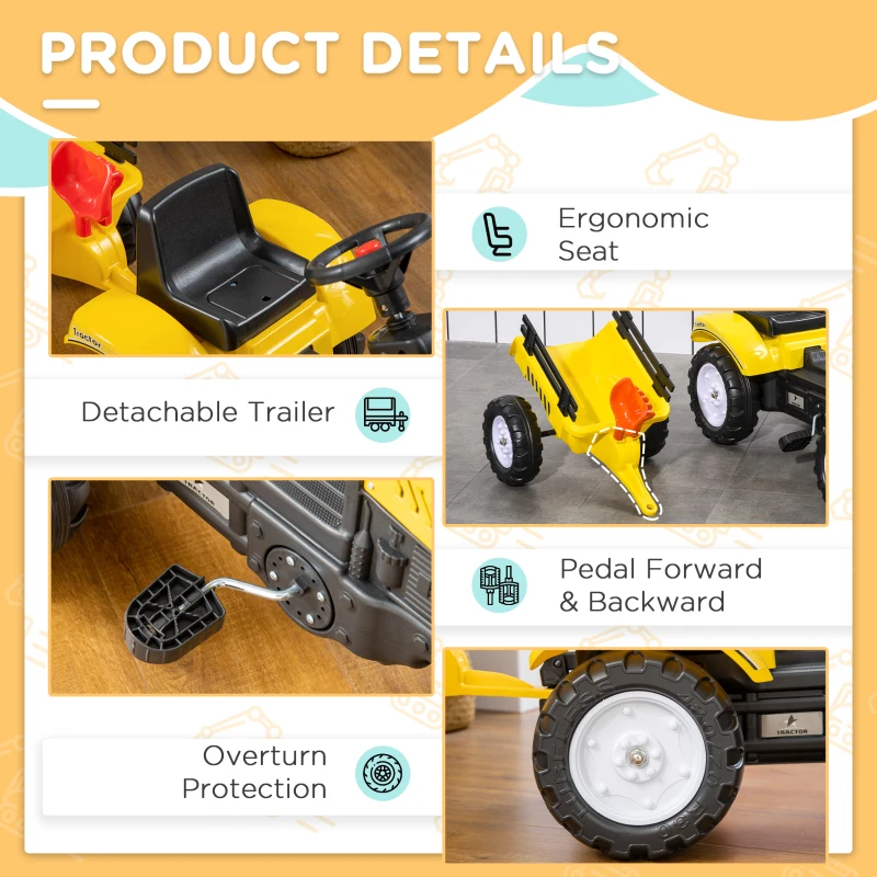 Aosom Kids Ride on Tractor with Back Trailer, Shovel & Rake, Horn, Pedal Go Kart for 3 Years Old, Yellow(m-4)