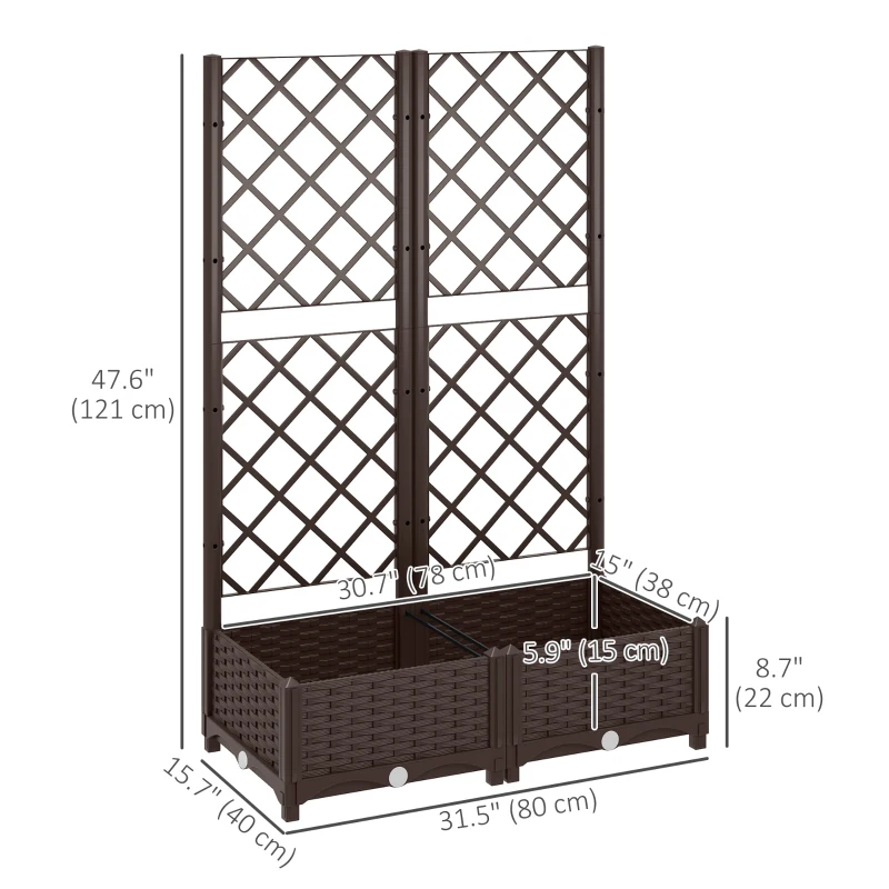 Outsunny Raised Garden Bed with Trellis, Plastic Raised Flower Bed with Drainage Holes and Drain Plugs, 32" x 16" x 48"
